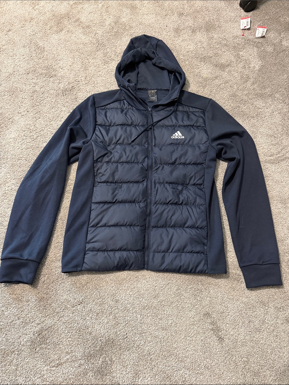 adidas Navy Quilted Hooded Jacket with Logo